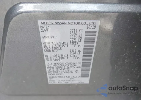 2020 Nissan Pathfinder S 4Wd z USA, uszkodzony, nr VIN 5N1DR2AM8LC583520